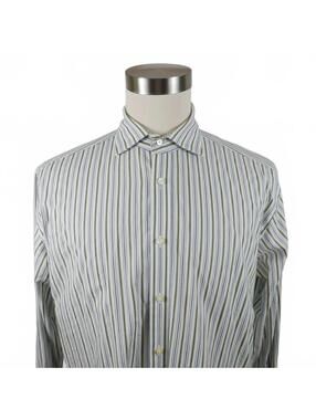 Thomas Dean Mens Button Up Olive Green Light Blue Striped Shirt Large